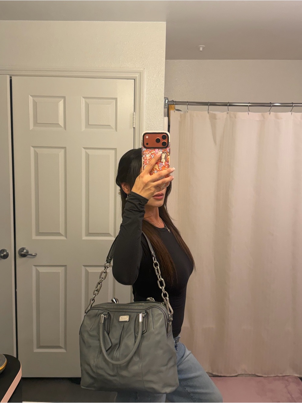Coach Ashley Gray Leather Chain Strap Y2K Satchel Bag